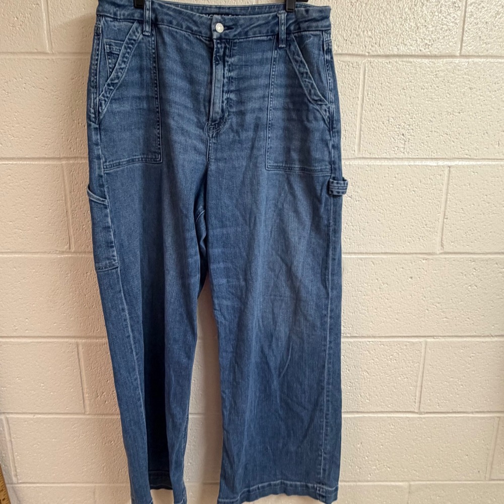 American Eagle Womens Curvy High Rise Wide Leg Jeans 16 Blue Utility Baggy Denim